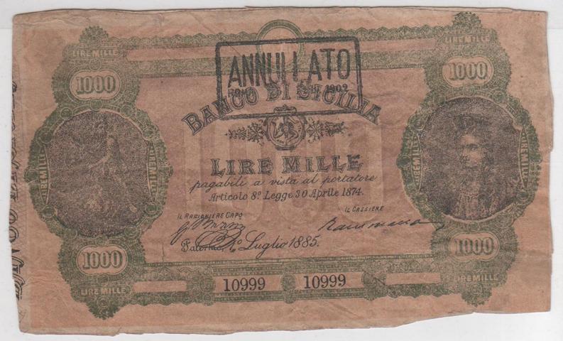 1000 Lire Banco Di Sicilia 1876 Cartamoneta E Scripofilia Lamoneta