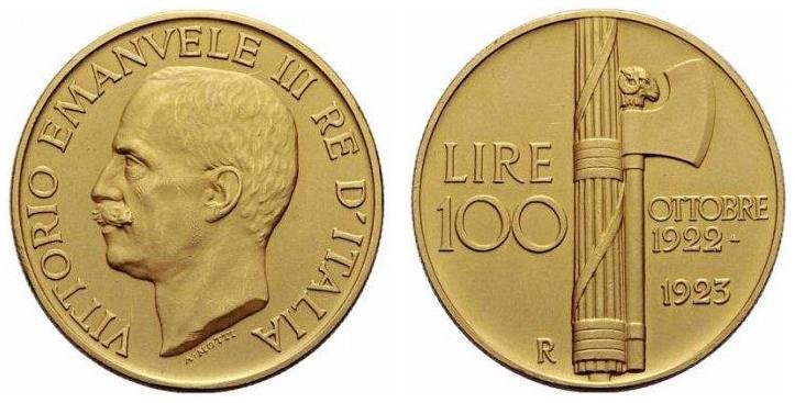 La moneta in oro da 100 lire 1923 Fascio