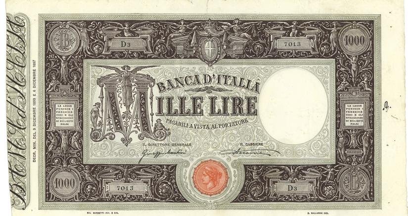 Aste Bolaffi record per un biglietto di banca da 1.000lire del 1899 Grande M-Matrice volato a 73.200 euro, dieci volte la base d'asta