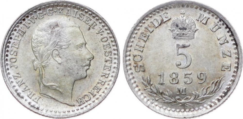 5 Kreuzer 1859 M RÃ¶misch Deutsches Reich Franz Joseph I. 1848-1916. Minimale Kratzer, UNC