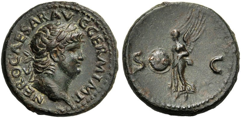 Nero (54-68), As, Rome, c. AD 65; AE (g 13,21; mm 28; h 6); NERO CAESAR AVG  GERM IMP, laureate head r., Rv. Victory flying l., holding shield inscribed  S P Q R;