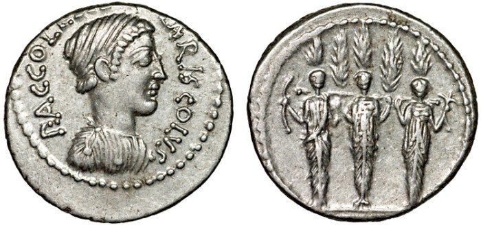 Ancient Coins - P. Accoleius Lariscolus AR denarius - Diana Nemorensis (or Acca Larentia)/Triple cult statue of Diana Nemorensis – Well-struck for type