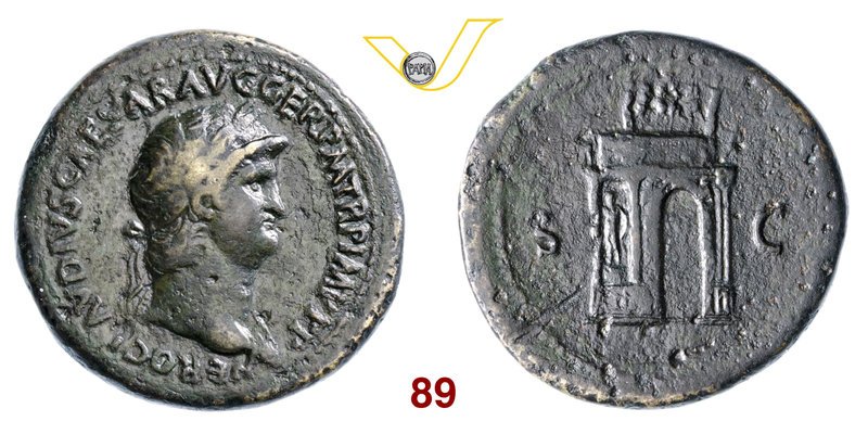 NERONE (54-68) Sesterzio. D/ Testa laureata R/ Arco di trionfo sormontato da qua...