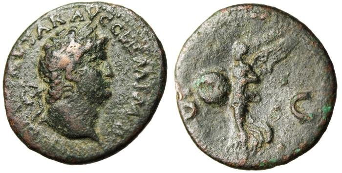 Ancient Coins - Nero AE As "Victory Flying, SPQR Shield" Rome RIC 312 nVF