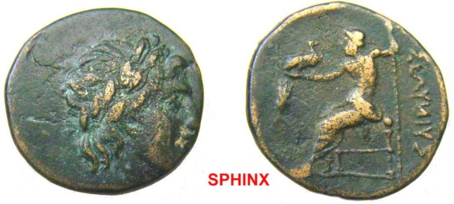 Ancient Coins - 477GREEK) Seleucia AE 4.65 g 19 mm second century BC ? Head of Apollo right Rv., Zeus seated 1. Holding scepter and eagle, fulmen in left field. FINE.