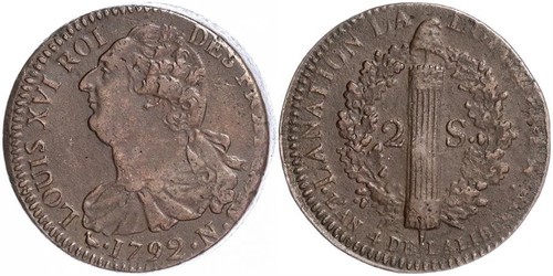 2 Sol Francia medioevale (843-1791) Bronzo Luigi XVI di Francia (1754 - 1793)