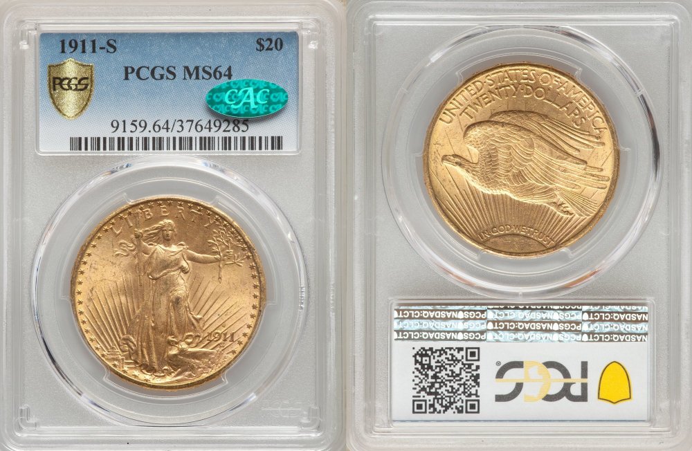 $20 CAC Secure 1911-S US St. Gaudens $20 PCGS MS64