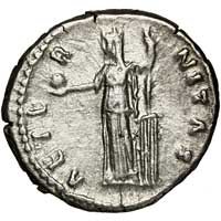 The reverse of a denarius of Diva Faustina Senior showing Fortuna