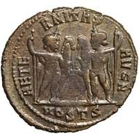 The reverse of an antoninianus of Maxentius showing the Dioscuri