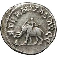 The reverse of an antoninianus of Philip I showing an elephant