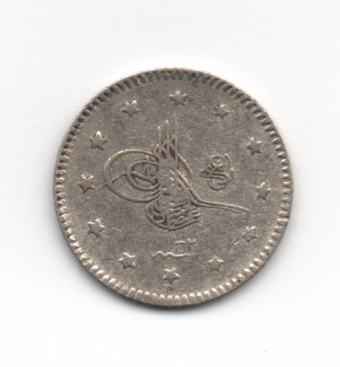 1 Kurus 1906 Turchia Impero Ottomano Abdülhamid II el-Ghazi right of Toughra Arg.833-1,20g-Diam. 14,60mm (2).png