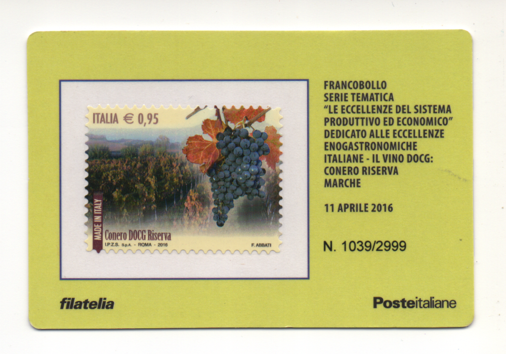 11-04-2016 Francobollo Serie Tematica Le Eccellenze Del Sistema Produttivo Ed Economico Dedicato Alle Eccellenze Enogastronomiche Italiane - Il Vino DOCG Conero Riserva Marche (1).png