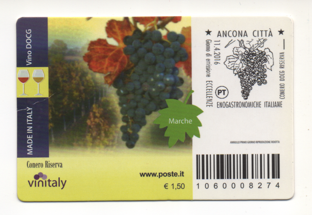 11-04-2016 Francobollo Serie Tematica Le Eccellenze Del Sistema Produttivo Ed Economico Dedicato Alle Eccellenze Enogastronomiche Italiane - Il Vino DOCG Conero Riserva Marche (2).png