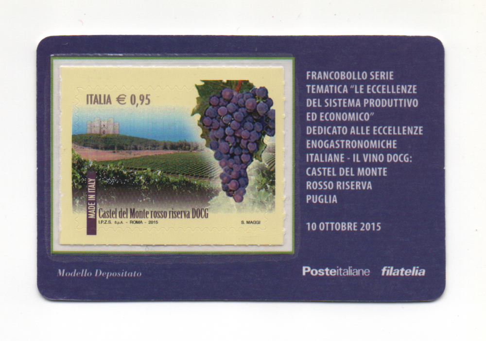 10-10-2015 Francobollo Serie Tematica Le Eccellenze Del Sistema Produttivo Ed Economico Dedicato Alle Eccellenze Enogastronomiche Italiane - Il Vino DOCG Castel Del Monte Rosso Riserva Puglia (1).png