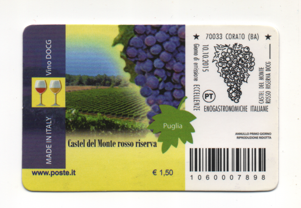 10-10-2015 Francobollo Serie Tematica Le Eccellenze Del Sistema Produttivo Ed Economico Dedicato Alle Eccellenze Enogastronomiche Italiane - Il Vino DOCG Castel Del Monte Rosso Riserva Puglia (2).png