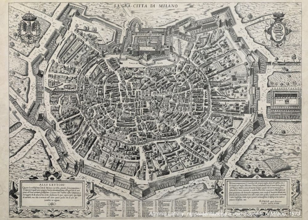 Milano del 1573 rappresentata da Antonio Lafrery pianta prospettica.jpg