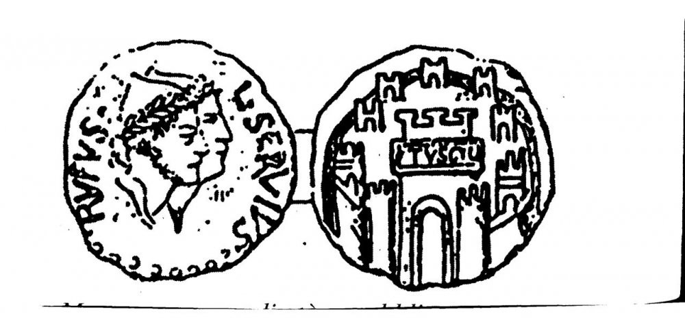 Tuscolo , moneta repubblicana di Lucio Servio Rufo , forse pezzo unico , con le mura di Tusculum al rovescio.jpg