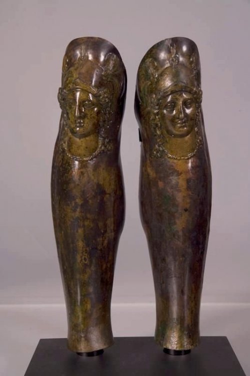 Greek hoplite greaves, with head of Athena in repousse, 3rd century, BCE.jpg