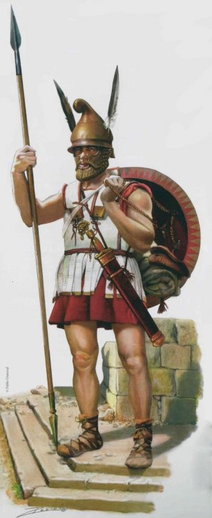 A greek hoplite 400 bc after the Greco-Persia wars greek hoplites started wear less armor for more speed instead of a full bronze suit.jpg