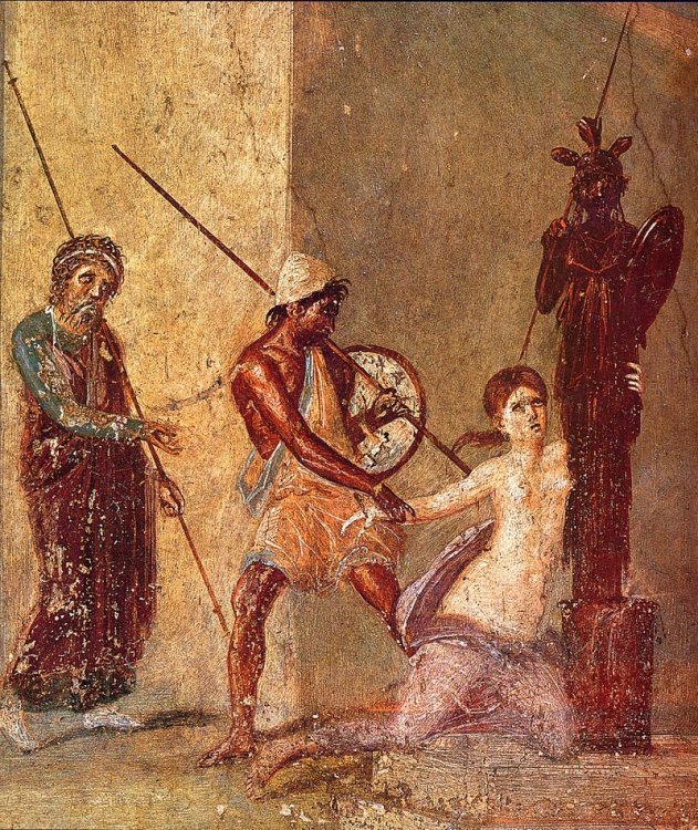 Detail of a Roman fresco from Pompeii showing Ajax the Lesser dragging Cassandra away from the palladion during the fall of Troy, an event which invoked Athena's wrath against the Greek armies[1.jpg